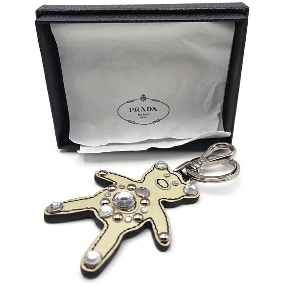 Prada Teddy Bear Keychain Purse Charm Beige Black Saffiano Leather with Crystals - Picture 3 of 11